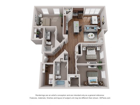 Floor plan for 3 beds, 2 baths, 1364 sqft